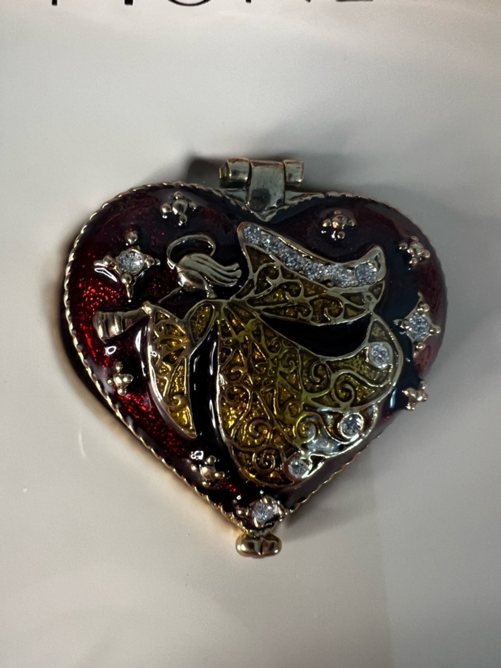 Collectible Monet Enamel Red Gold Angel Heart Trinket Box Vintage In Box - Picture 4 of 17